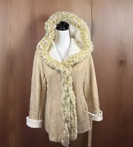 Orvis Coat S/M Faux Suede Fur Hooded Penny Lane Afghan Jacket Tan Soft Boho Chic - Picture 1 of 19