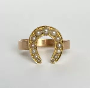 15ct Gold Victorian Lucky Horse Shoe Ring / Antique Pearl Set - Picture 1 of 6