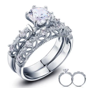 JUEGO DE ANILLOS DE COMPROMISO DE BODA PLATA ESTERLINA 925 CORTE REDONDO CIRCONITA TALLA 5-9 SS753 - Imagen 1 de 4