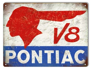 PONTIAC V8 RED INDIAN LOGO 12" HEAVY DUTY USA MADE METAL AUTO ADVERTISING SIGN - Picture 1 of 1