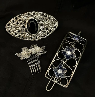 VTG Decorative Hair Accessories Silver Tone Clips & Comb Victorian & Deco Style - Image 1 of 4