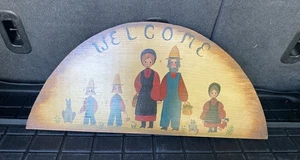 Vintage Hand painted Wooden Welcome Sign Pilgrim Family 23 X 10 - Picture 1 of 11