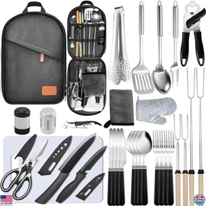 Camping Cooking Utensils Set - Stainless Steel & Silicone Gear for Camp Kitchen - Picture 1 of 6