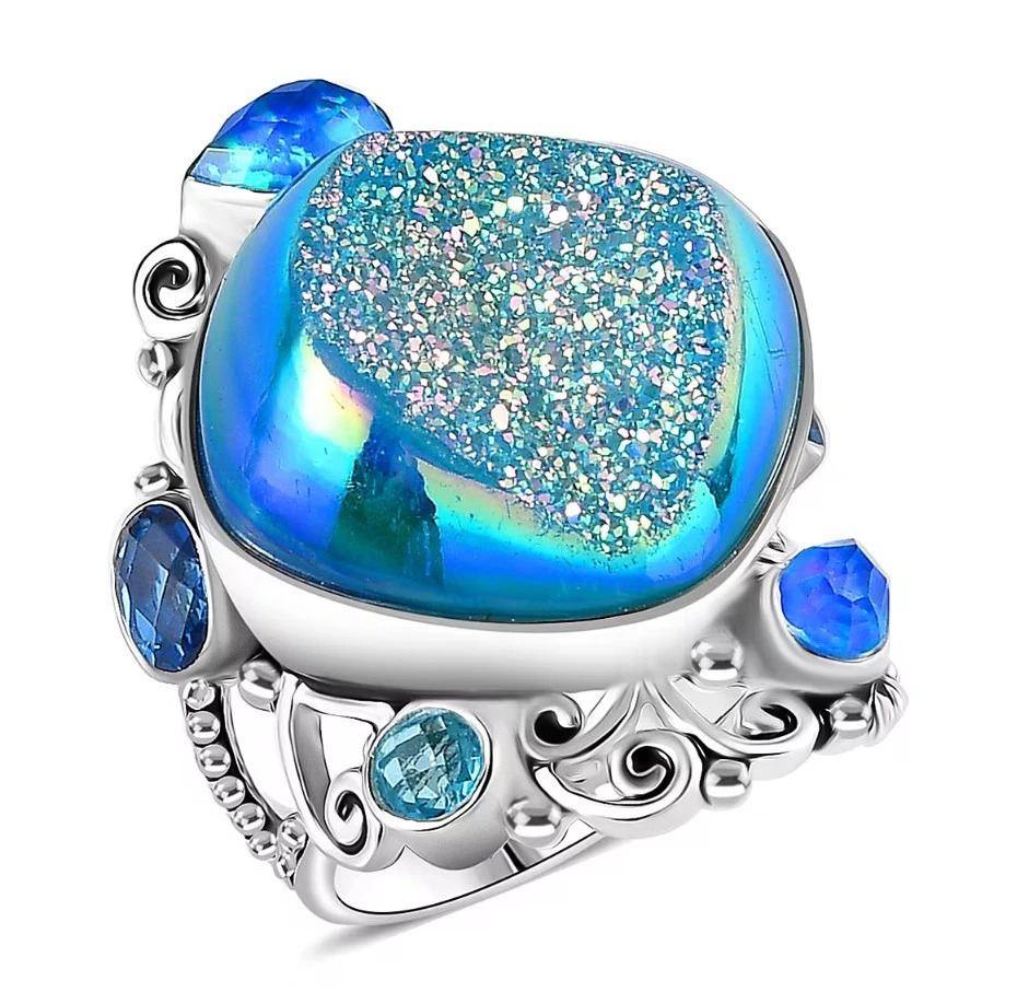 Anillo Sajen Golden Dream Paraiba Ventana Drusy Cuarzo y Multi Piedras Preciosas Talla 6 Plata Foto 1 de 4