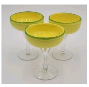 Set Of Three Margarita Glass Opaque Yellow With Green Trim Hand Blown  Art Glass - Picture 1 of 5