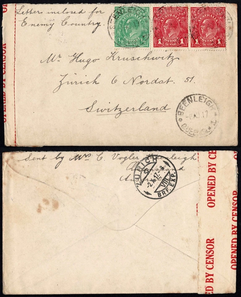 Australia 1917 WW1 Cover, Beenleigh to Switzerland, Censored, Enemy Country - Image 1 of 3