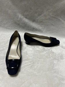 Giorgio Armani blue suede pumps buckle detail block heel size 7.5 37 1/2 - Picture 1 of 11