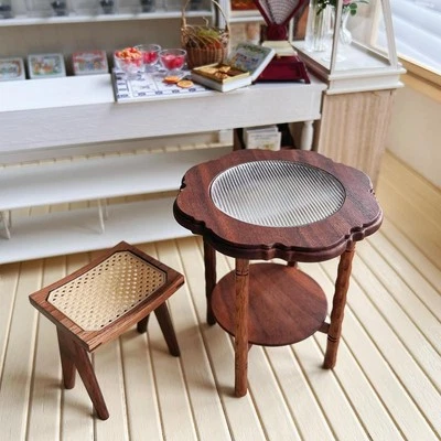 1/6 Dollhouse Miniatures Walnut Wood Round Coffee Table with Stool for Barbie - Image 1 of 3