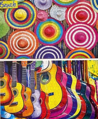 2 Puzzlebug Jigsaw puzzles COLOURFUL BEACH HATS/BAZAAR GUITARS 500 pieces each - Image 1 of 3