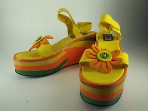 Sandalias vintage de plataforma zodiaco años 60 cuñas psicodélicas amarillo naranja verde - Imagen 1 de 14