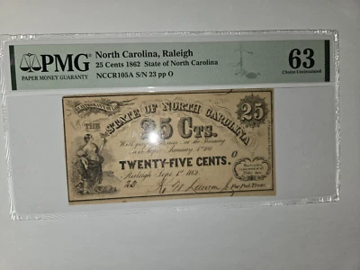 1 Note 25 Cents PMG 63  Number 23 Carolina Confederate Currency - Image 1 of 2