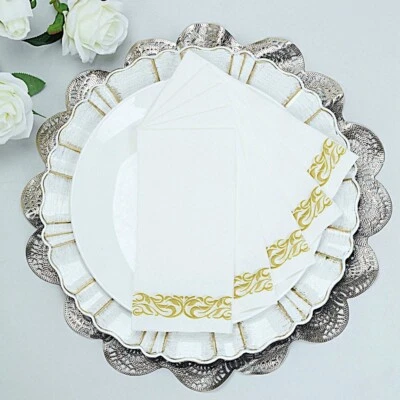 White AIRLAID PAPER NAPKINS Metallic Scroll Design Party Table Top Decorations - Image 1 of 4