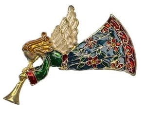 Red Green Enamel Christmas Angel Brooch Signed TC - Picture 1 of 4