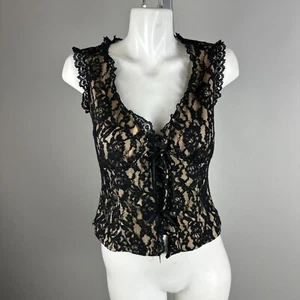 Vtg 90s Y2K Georgiou Black Lace Coquette Whimsygoth Tie Blouse V-Neck Size 2 - Picture 1 of 6