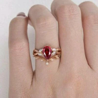 2Ct Pear Cut Red Ruby Bridal Set Engagement Ring 14K Yellow Gold Finish - Image 1 of 4