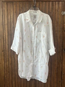 Chico’s Top 3 16 18 100% Linen White Button Up Cocktail Novelty Print Tunic NWT - Picture 1 of 8