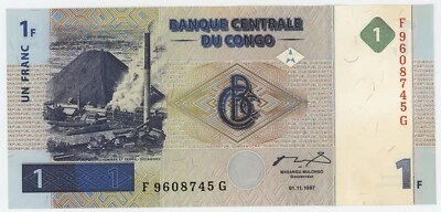 Congo Dem. Rep. 1 Franc 1-1-1997 Pick 85 aUNC Almost Uncirculated Banknote - Image 1 of 2