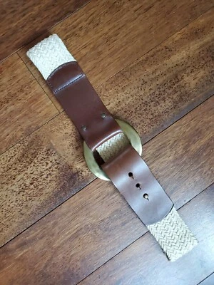 Express 90s Vintage Leather Cotton Braid Heavy Brushed Gold Buckle Belt Size M - Image 1 of 4