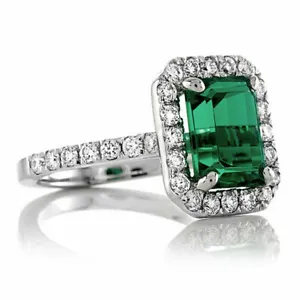 Engagement Ring 14K White Gold 2.64Ct Lab-Created Green Emerald Halo Size 9 - Picture 1 of 4