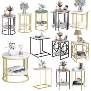 Modern Marble Side Table White Small Coffee Table with Storage 2-Tier End Table - Picture 1 of 47