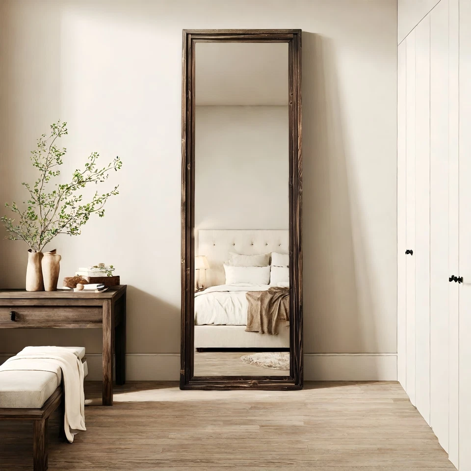 Rustic Farmhouse Full-Length Mirror, 63" x 21" Solid Wood Frame Full Body Mirror - Image 1 of 4