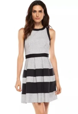 NWT ELLE White Polka Dot Pleated Sleeveless Midi  Fit & Flare Dress Womans Sz 8 - Image 1 of 4