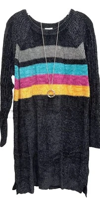 NWT Lularoe XL Black Gray Pink Gold Teal Striped Lauren Chenille Sweater Dress - Image 1 of 4