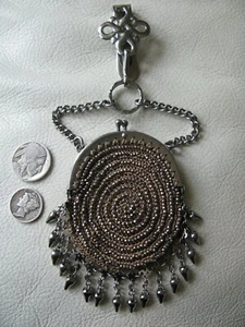 Antique Tan Crochet Steel Micro Bead Tassel Chatelaine Belt Clip Coin Purse - Picture 1 of 10