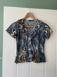 y2k style slightly crop short sleeve top Size 10 Cerise denim look blue brown - Picture 1 of 3