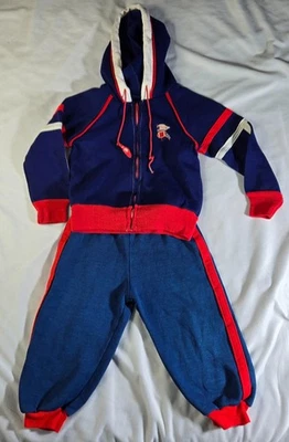 Vintage Boy's 4T Athletic Sweatsuit Hoodie Pant Football Navy Blue Red Acrylic - Image 1 of 4