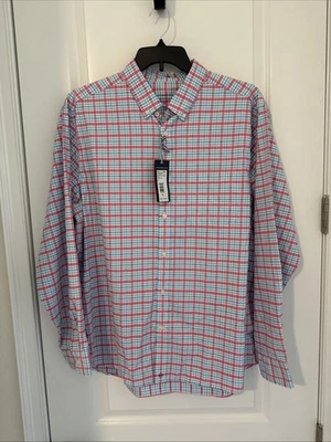 NWT Men’s Vineyard Vines Bellamy Plaid Performance Cotton Shirt Sunset Pink XL - Image 1 of 3