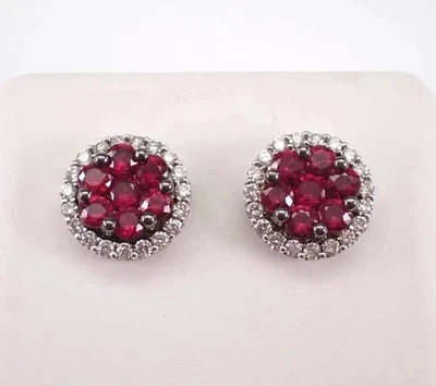 2Ct Round Cut Halo Lab Created Red Ruby Stud Earrings 14k White Gold Plated - Image 1 of 4