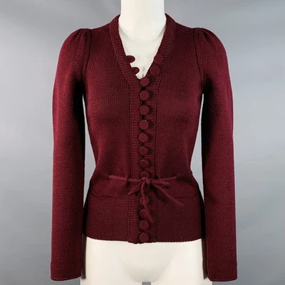 GUCCI Vintage Size S Burgundy Wool Blend Knit Puff Shoulder Tie Cardigan - Image 1 of 4