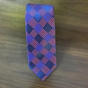Corbata Bugatchi Designer 100% Seda Azul Marino/Rojo Patrón Geométrico Hecha en Italia - Imagen 1 de 9