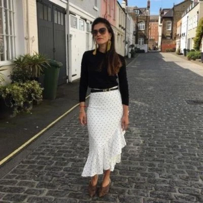 H&M WHITE WRAP SPOTTED MIDI SKIRT BLACK POLKA DOT FLORAL XS 6 DRESS ASYMMETRIC - Image 1 of 4