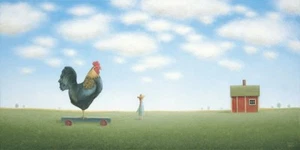 Impresión artística de Sharon Francia de una nueva mascota (niña y gallo) 18x8 - Imagen 1 de 1
