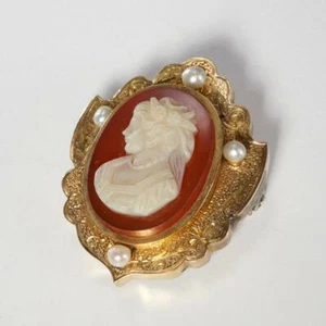 Hard Stone Cameo Pearl 10K Yellow Gold Brooch Pocket Watch Hanger Pin Antique - Picture 1 of 4