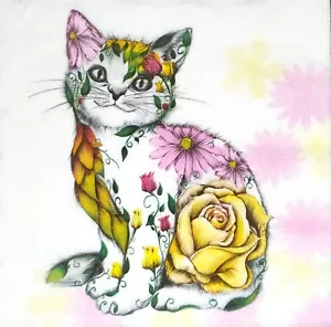 N856# 3 x Single Paper Napkins For Decoupage Painted Flower Cat - Picture 1 of 9