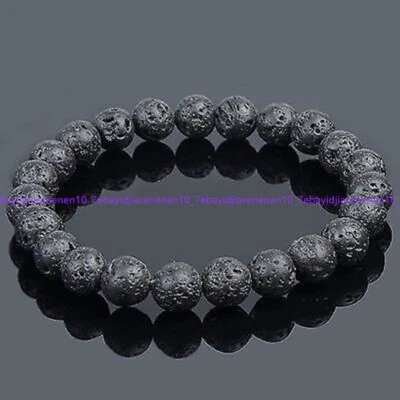 Natural 6/8/10/12mm Black Lava Rock Gemstone Round Beads Elastic Bracelet 7.5 in - Image 1 of 4