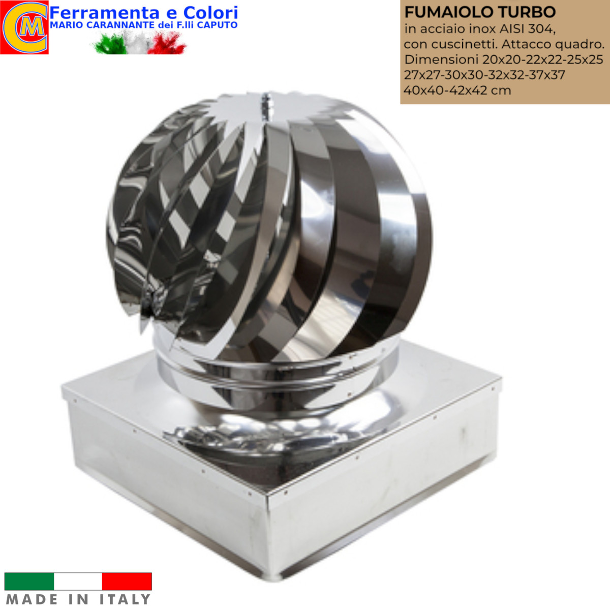 Comignolo Girevole Eolico In Acciaio INOX 304 Per Camino - 37x37 Cm, Base Quadrata