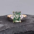 925 Sterling Silver Emerald Cut Moss Agate Gemstone Ring Wedding Gift For Her