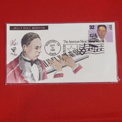 First Day of Issue Music Stamp Cache Envelope and Enclosure Jelly Roll Morton - Image 1 of 4