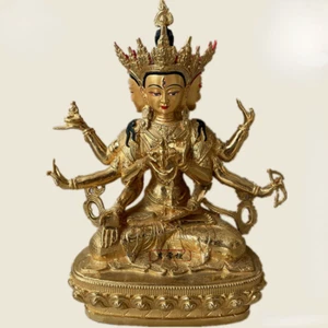 9" Nepal Buddhism Bronze 3 Head 8 Arms Namgyalma & Ushnishavijaya Buddha Statue - Picture 1 of 4