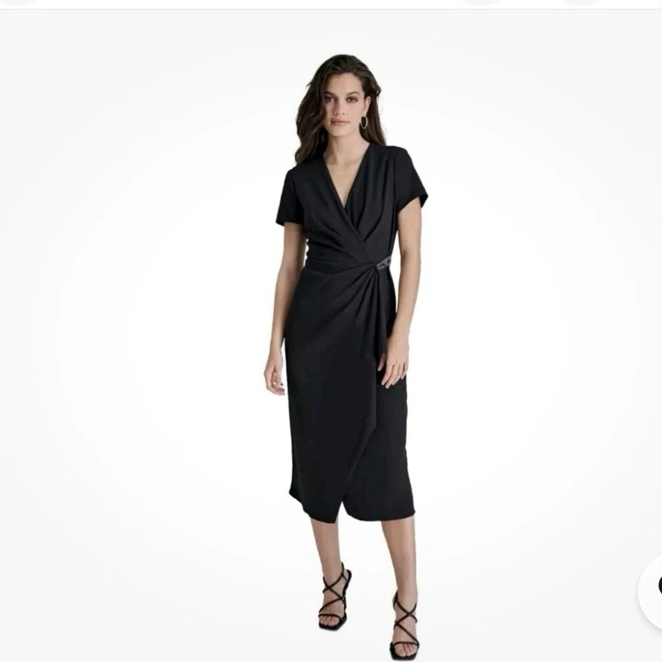 DKNY Women's Black Scuba Crepe Embellished Buckle Surplice Dress Size 14