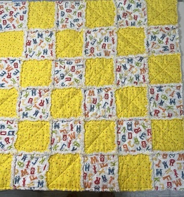 HANDMADE 30” X 30”BOY RAG QUILT - colorful monster alphabet - Image 1 of 2