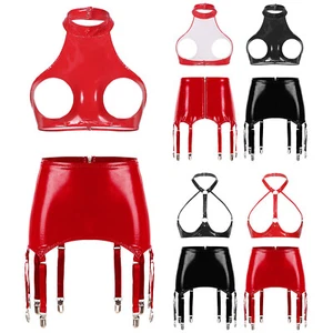 Damen-Dessous-Set Wet Look Lackleder Club BH Tops mit Strumpfbändern Nachtwäsche - Bild 1 von 52