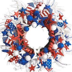 20 Inch Patriotic Red White Blue Glitter Stars Wreath for Front Door, Independen - Picture 1 of 6