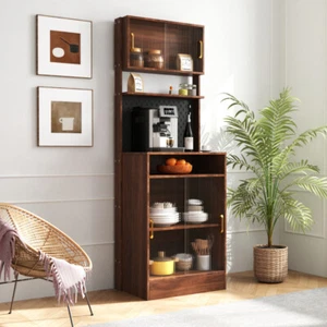 Kitchen Pantry Sideboard with 2 Sliding Striped Glass Doors, Storage Cabinet - Picture 1 of 13