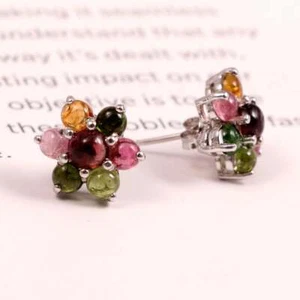 Gold Plated Stud Flower Tourmaline Earrings-Studs Boho Statement Earrings - Picture 1 of 3