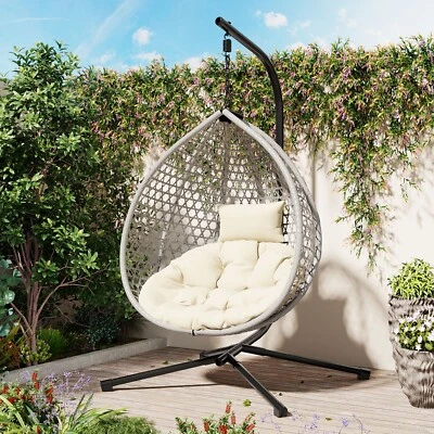 Patio Egg Hanging Chair with Stand Swinging Wicker Hammock Chair Outdoor Beige - Image 1 of 4